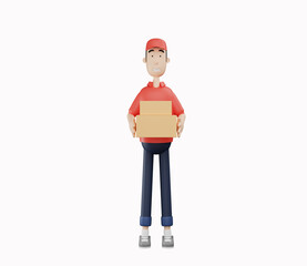 3d courier character holding two cardboard boxes on a white background.. 3d render illustration