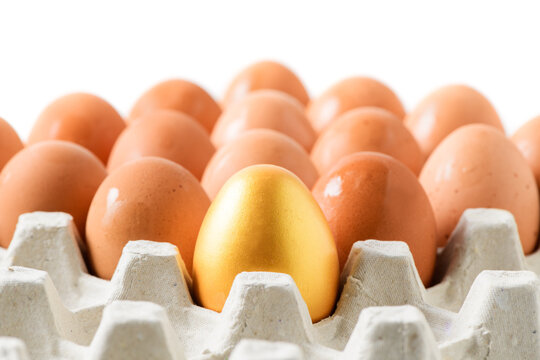 One golden egg among brown eggs in egg  tray isolated on white