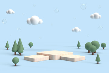 A set of minimal wooden product display podiums with the miniature forest and bubbles background in pastel tone colors. 3D illustration.
