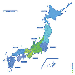 日本地図 地方・都道府県名 雨の日カラーで色分けマップ（英語版）
