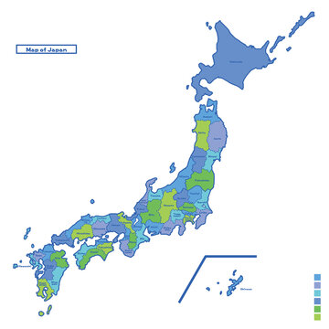 日本地図 都道府県名 雨の日カラーで色分けマップ（英語版）