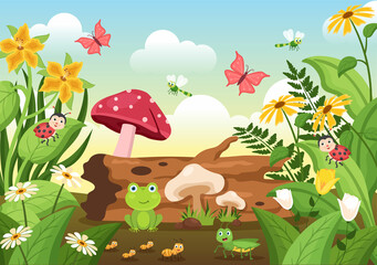 Obraz na płótnie Canvas Beautiful Garden Cartoon Background Illustration With Scenery Nature of Plants, Various Animals, Flowers, Tree and Green Grass in Flat Design Style