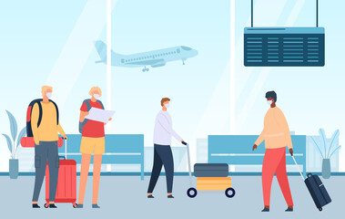 People at airport. Cartoon passengers with luggage waiting for departure in lounge with chairs. Couple with suitcase