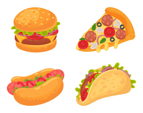 Cartoon fast food meal. Pizza with salami, mushrooms and tomato, burger with grilled meat and vegetables