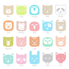 cute animal face flat icon set, vector illustration