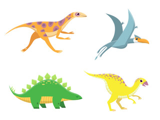 Cute baby dinosaurs. Funny cartoon dino running, standing and flying. Friendly colorful characters for children