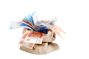 Bag of money, Russian ruble in denominations two and five thousand rubles in bag. - obrazy, fototapety, plakaty