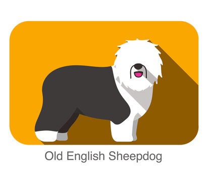 Breed old english sheepdog standing on the ground, side, face forward, dog cartoon image
