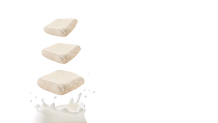 Tofu and Soy milk splash isolated on white background with copy space, Soft bean curd with Protein nutrients, Organic soybean processed product for Vegetarian, Healthy food and Health care concept.