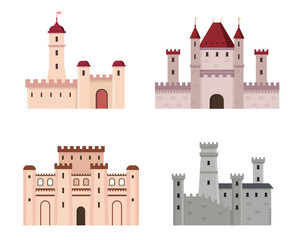 Medieval buildings. Isolated cartoon knight fortress and castles. Historic architecture, towers and and gates