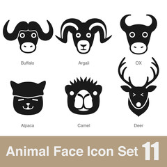 Animal face flat design icons, Vector black illustration