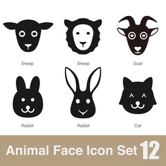 Animal face flat design icons, Vector black illustration