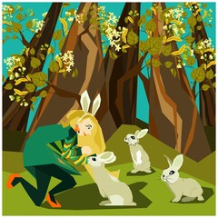 Cute cartoon boho style dressed girl in headband with bunny ears in the linden tree forest petting little rabbit or bunny and two another rabbits are waiting for their turn. Vector illustration for ch