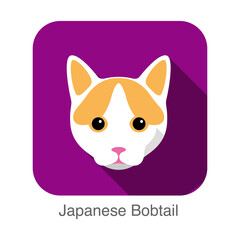 Japanese Bobtail, Cat breed face cartoon flat icon design