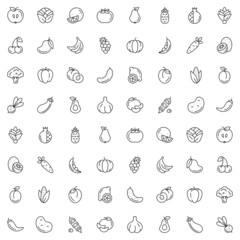 Seamless pattern of outline minimalistic icons of fruit and vegetable on white. Vector flat illustration