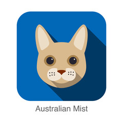Australian Mist, Cat breed face cartoon flat icon design