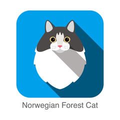 Norwegian Forest Cat, Cat breed face cartoon flat icon design