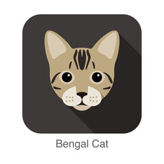 Bengal, Cat breed face cartoon flat icon design