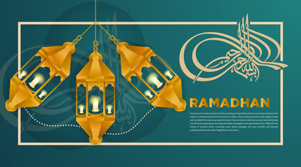 Realistic Islamic ramadan greeting luxury background with 3d arabic lantern crescent moon and stars