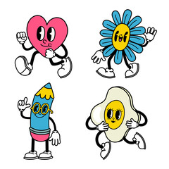 Trendy abstract cartoon. Comic heart, flower, pencil and egg with cheerful facial expression, arms and legs