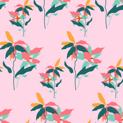 Plants and flowers. Seamless background with vegetation. Pastel colors.