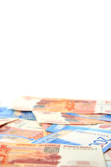 Banknotes Russian ruble in denominations two and five thousand rubles white background.