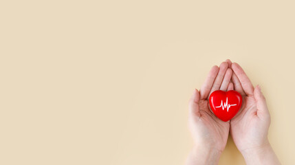 World Hypertension Day. Adult holds a red heart with a heartbeat chart with his hands - a symbol of...