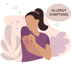 Seasonal allergy. Woman with red skin rash. Woman scratching skin on her hand