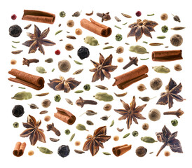 Large collection of seasonings and spices on a white background