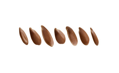 Flax seeds are levitated on a white background