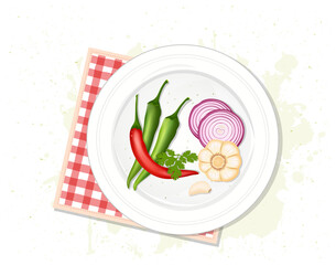 Green and Red chillies vector illustration with garlic and onion slices from top view