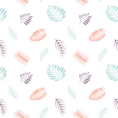 Hand drawn abstract floral seamless pattern in pastel colors with illustration of sketch silhouettes of tropical branches, leaves. Simple doodle cartoon style elements isolated on white background
