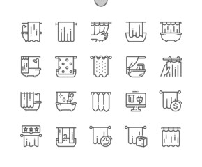 Shower curtain. Decoration. House interior. Bathtub shower. Pixel Perfect Vector Thin Line Icons. Simple Minimal Pictogram