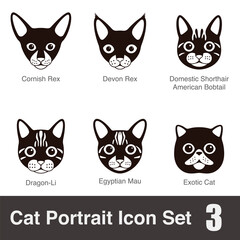 Cat breed face cartoon flat black icon series, vector illustration