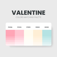 Valentine color palettes or color schemes are trends combinations and palette guides this year; table color shades in RGB or HEX. A color swatch for a lover of fashion, home, or interior set design 