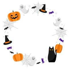 ハロウィン　かわいいオバケやカボチャの丸フレーム素材（白背景）