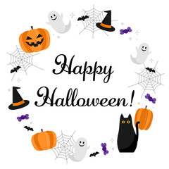 ハロウィン　かわいいオバケやカボチャの丸フレーム素材／文字入り（白背景）