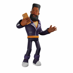 Cute 3D Beard man Cartoon Illustration with a cell phone