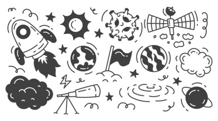Space illustration doodle set. Astronomical objects, planets and instruments. Isolated on a white background.