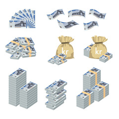 Danish Krone Vector Illustration. Huge packs of Denmark, Greenland, Faroe Islands money set banknotes. Bundle with cash bills. Deposit, wealth, inheritance. Falling money 500 Kr