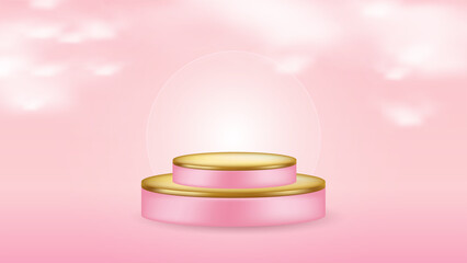 Pink and gold 3d podium with clouds. Product showcase with soft light. Minimal luxury platform for cosmetic