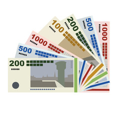 Danish Krone Vector Illustration. Denmark, Greenland, Faroe Islands money set banknotes. Paper money 1000, 500, 200, 100 Kr. Flat style. Isolated on white background. Simple minimal design.