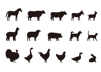Obraz premium Livestock, Farm animals and their kids, black icons set, vector illustration