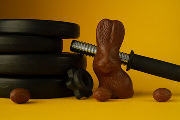 Dumbbells barbell weight plate discs and chocolate Easter bunny. Healthy fitness lifestyle...