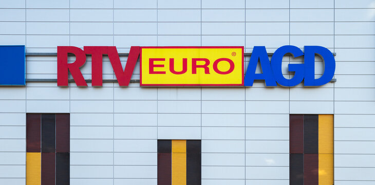 RTV Euro AGD shop logo sign. Electronics and home appliances retail chain store. Polish company signboard with brand logotype on March 21, 2022 in Krakow, Poland.