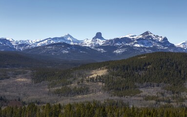 Alberta Foothills Landscape Panorama with Distant Canadian Rocky Mountain Front Range Peaks.  Scenic Alberta Foothills Hiking on Sunny Early Springtime Day.