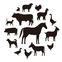 Livestock, Farm animals and their kids, black icons set, vector illustration