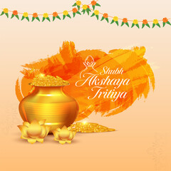 Hindu festival Akshaya Tritiya concept with Akshaya Tritiya wishes, golden kalash with full of gold coins, golden lotus, and ornaments for prayer.