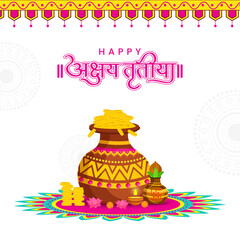Hindu festival Akshaya Tritiya concept with hindi written text (Akshaya Tritiya wishes) with kalash with full of gold coins and ornaments for prayer.