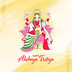 Hindu festival Akshaya Tritiya wishes with illustration of Wealth Goddess Laxmi, kalash with full of gold coins.